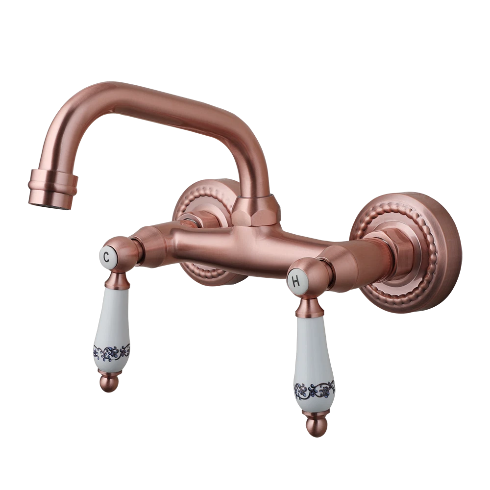 Koperkleurige landelijke muurkraan met keramische handgrepen