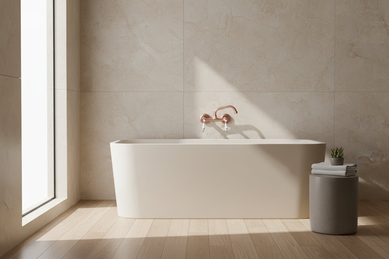 Koperkleurige landelijke muurkraan met keramische handgrepen