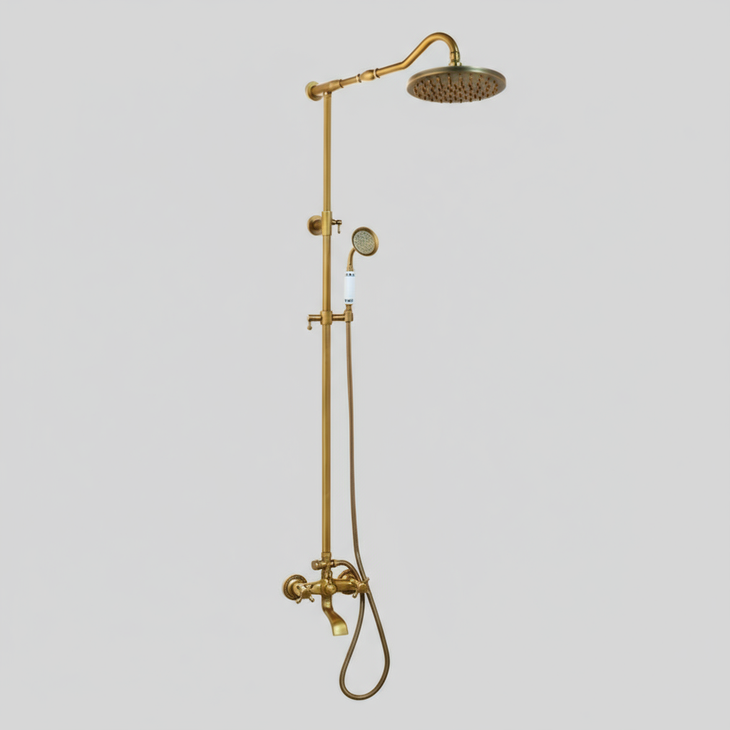 Bronskleurige nostalgische opbouw regendoucheset met baduitloop