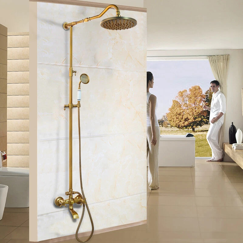 Bronskleurige nostalgische opbouw regendoucheset met baduitloop