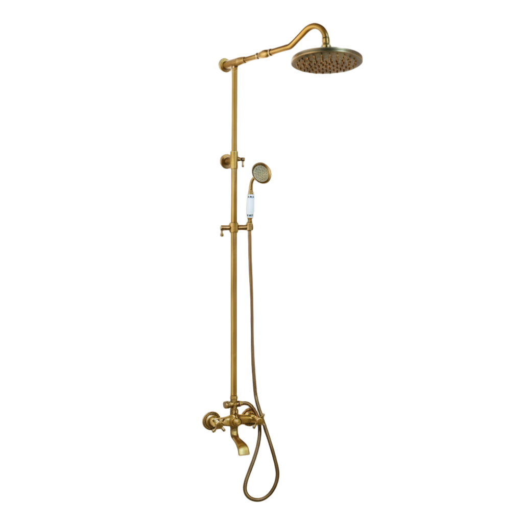 Bronskleurige nostalgische opbouw regendoucheset met baduitloop