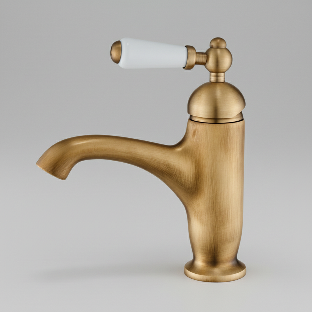Bronskleurige nostalgische wastafelkraan met keramische hendel