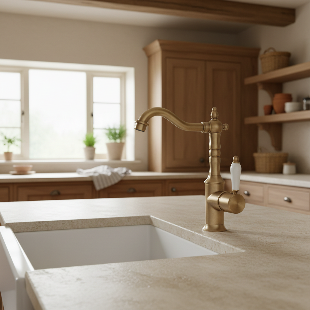 Landelijke wastafelkraan nostalgisch bronskleur hoog model