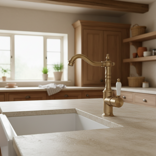 Landelijke wastafelkraan nostalgisch bronskleur hoog model