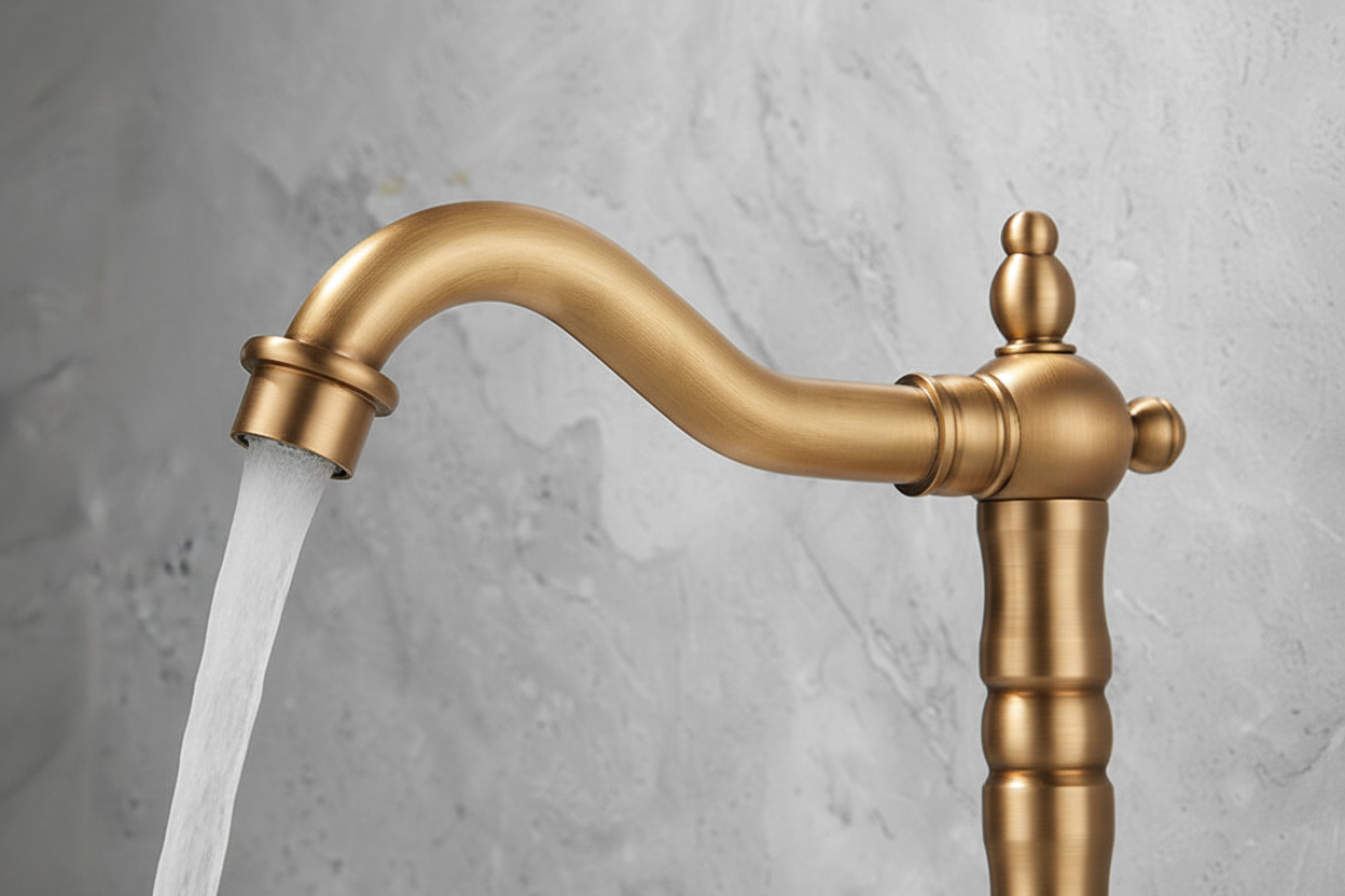Landelijke wastafelkraan nostalgisch bronskleur hoog model