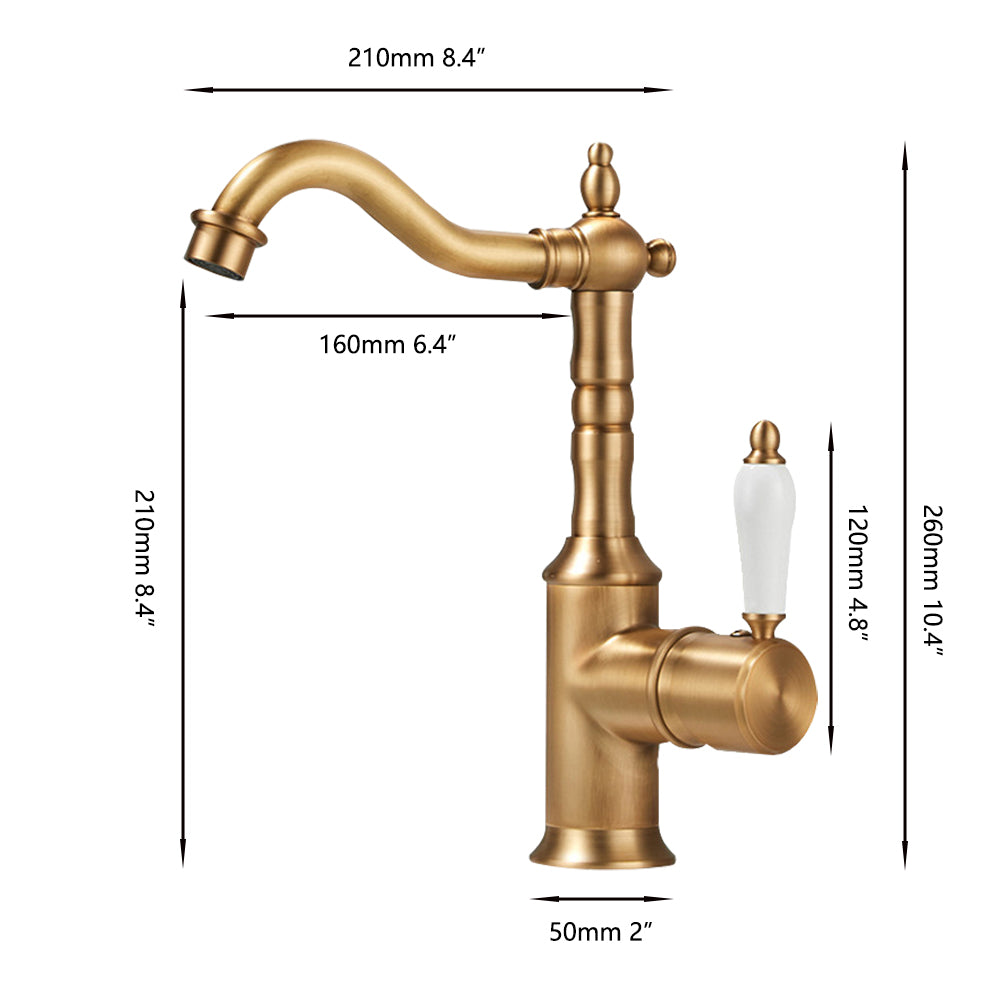 Landelijke wastafelkraan nostalgisch bronskleur hoog model