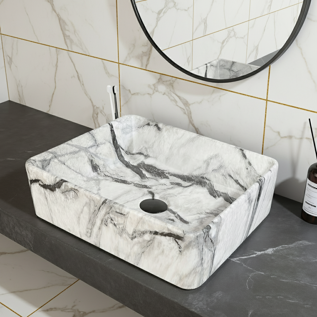 Malvizza keramische waskom in marmerlook – rechthoekig