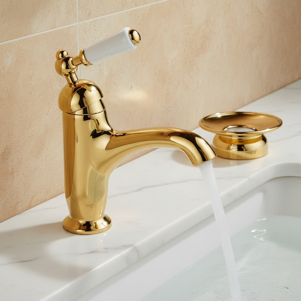 Goudkleurige nostalgische wastafelkraan met keramische hendel