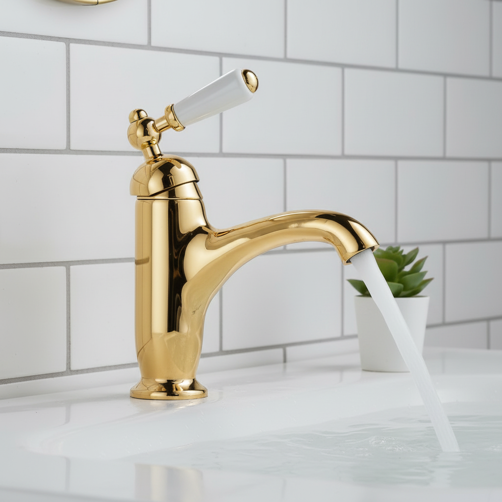 Goudkleurige nostalgische wastafelkraan met keramische hendel