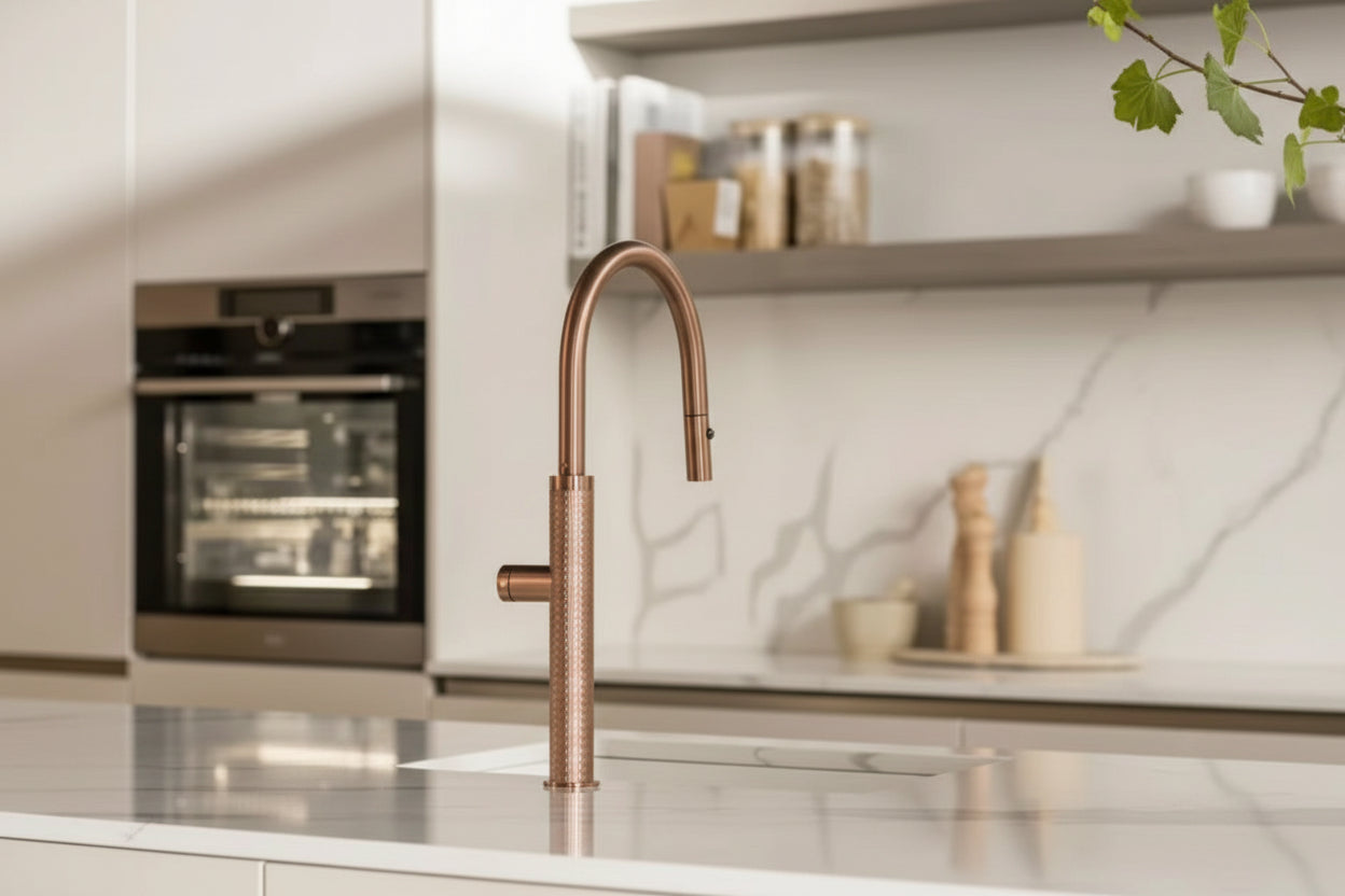 Rosé gouden keukenkraan met uittrekbare sproeikop en hoge U-uitloop