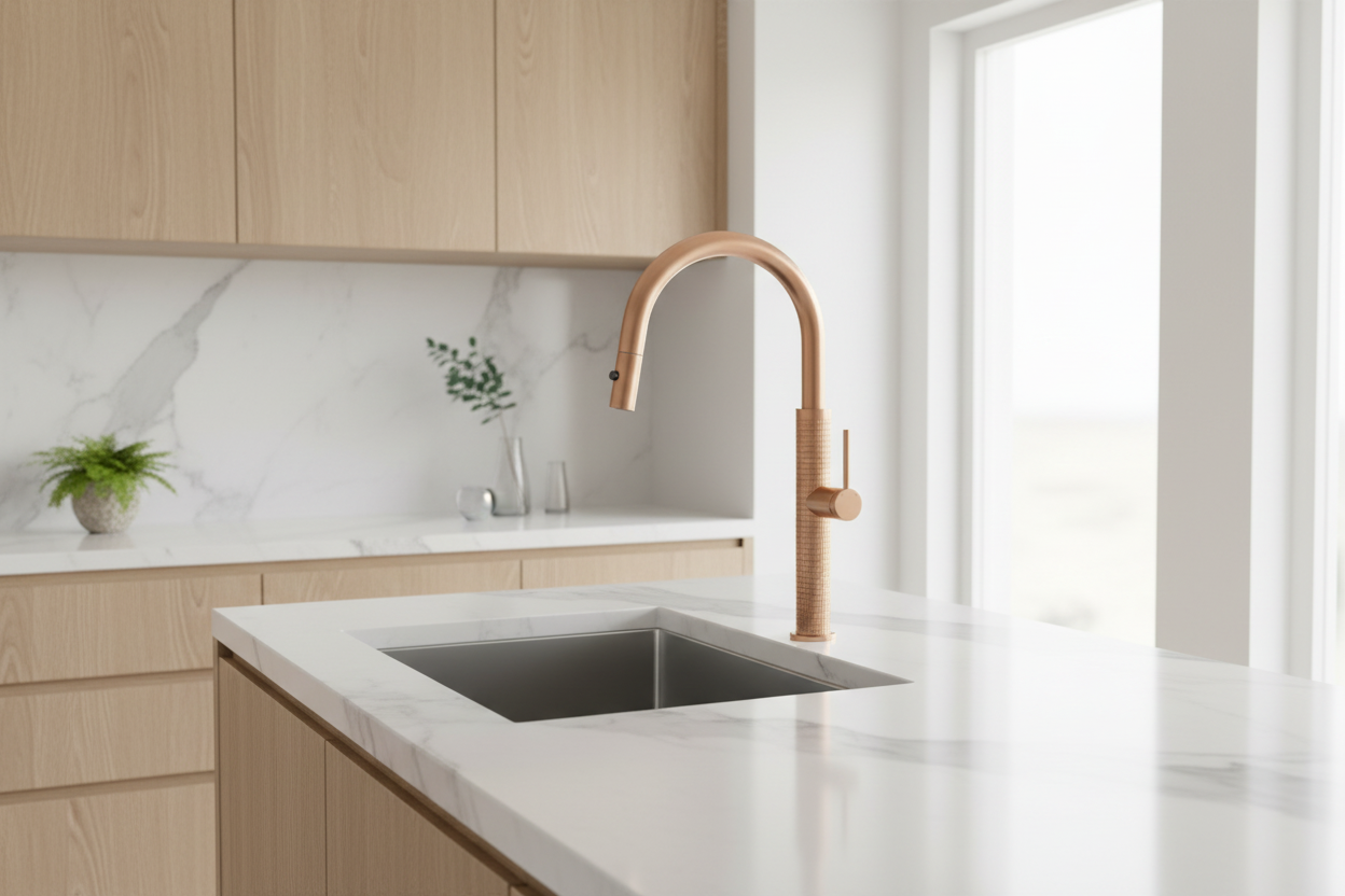 Rosé gouden keukenkraan met uittrekbare sproeikop en hoge U-uitloop