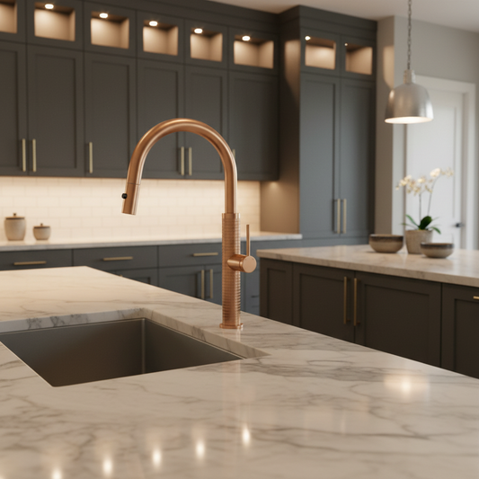 Rosé gouden keukenkraan met uittrekbare sproeikop en hoge U-uitloop