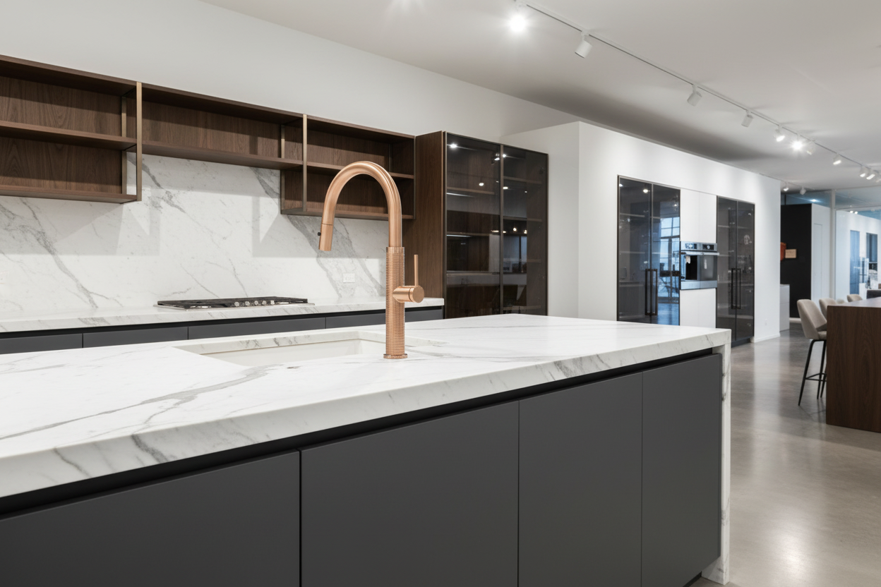 Rosé gouden keukenkraan met uittrekbare sproeikop en hoge U-uitloop