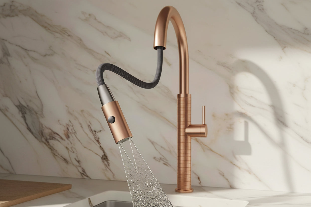 Rosé gouden keukenkraan met uittrekbare sproeikop en hoge U-uitloop
