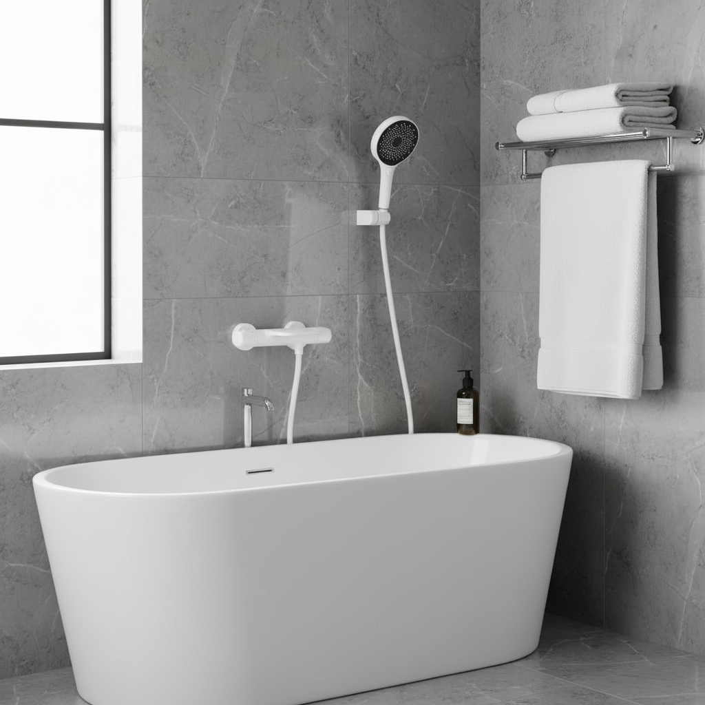 Witte thermostatische badkraan met handdouche – waterval uitloop