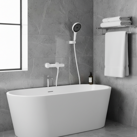 Witte thermostatische badkraan met handdouche – waterval uitloop