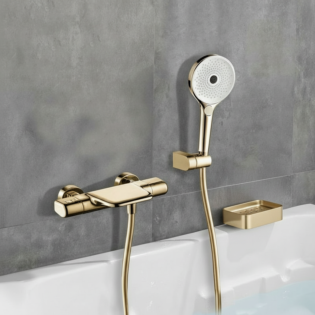Gouden thermostatische badkraan met handdouche