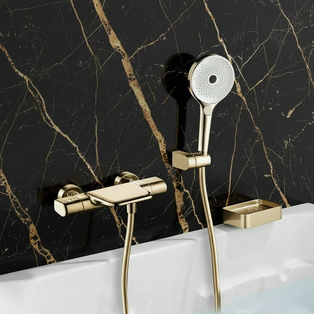 Gouden thermostatische badkraan met handdouche