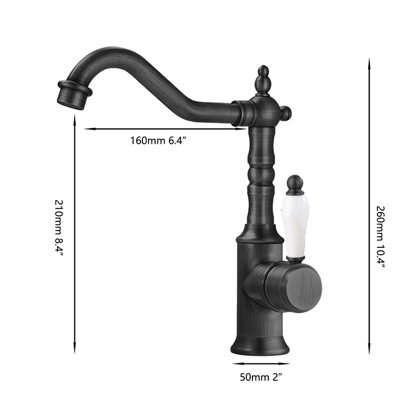 Zwarte wastafelkraan klassiek hoog model met porseleinen greep