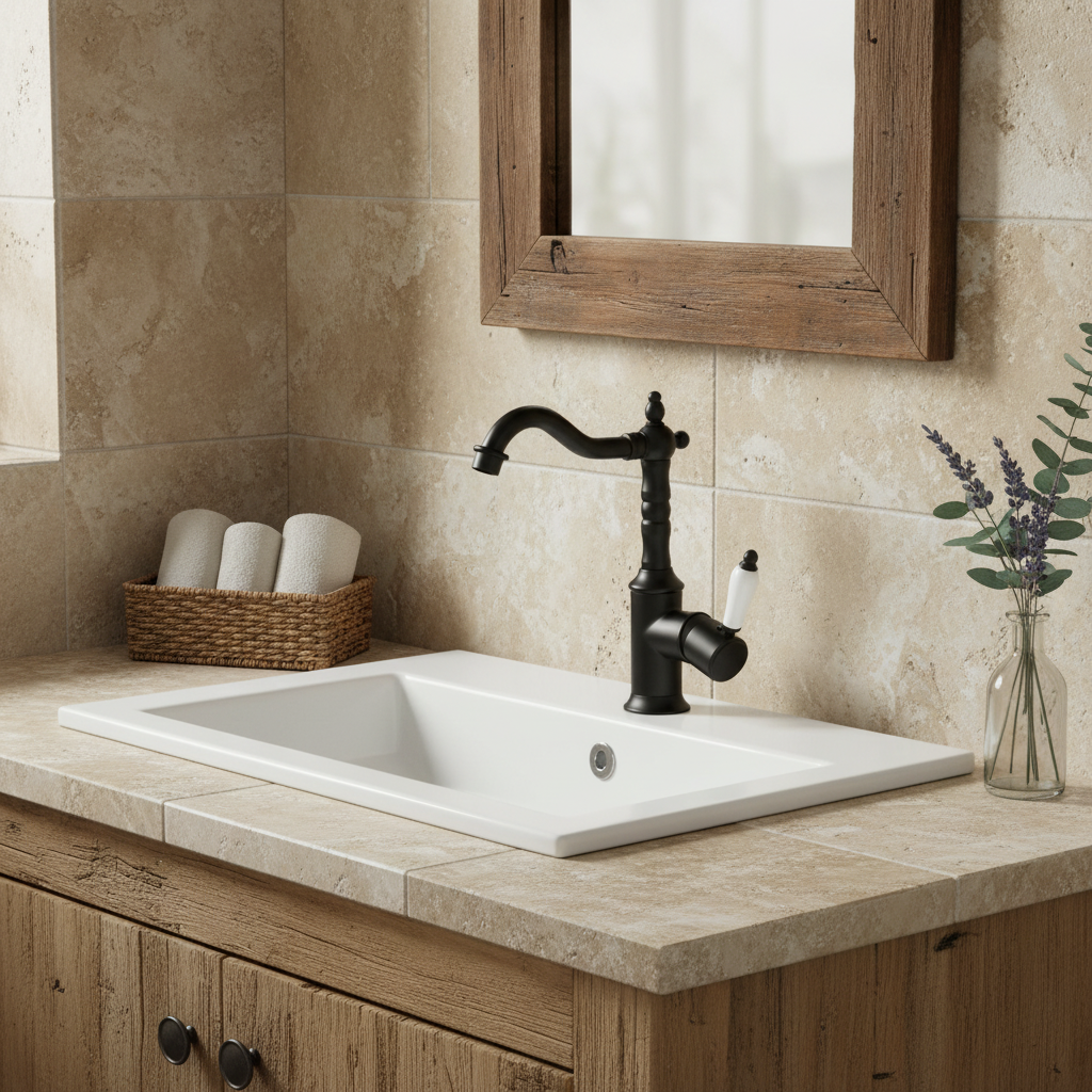 Zwarte wastafelkraan klassiek hoog model met porseleinen greep