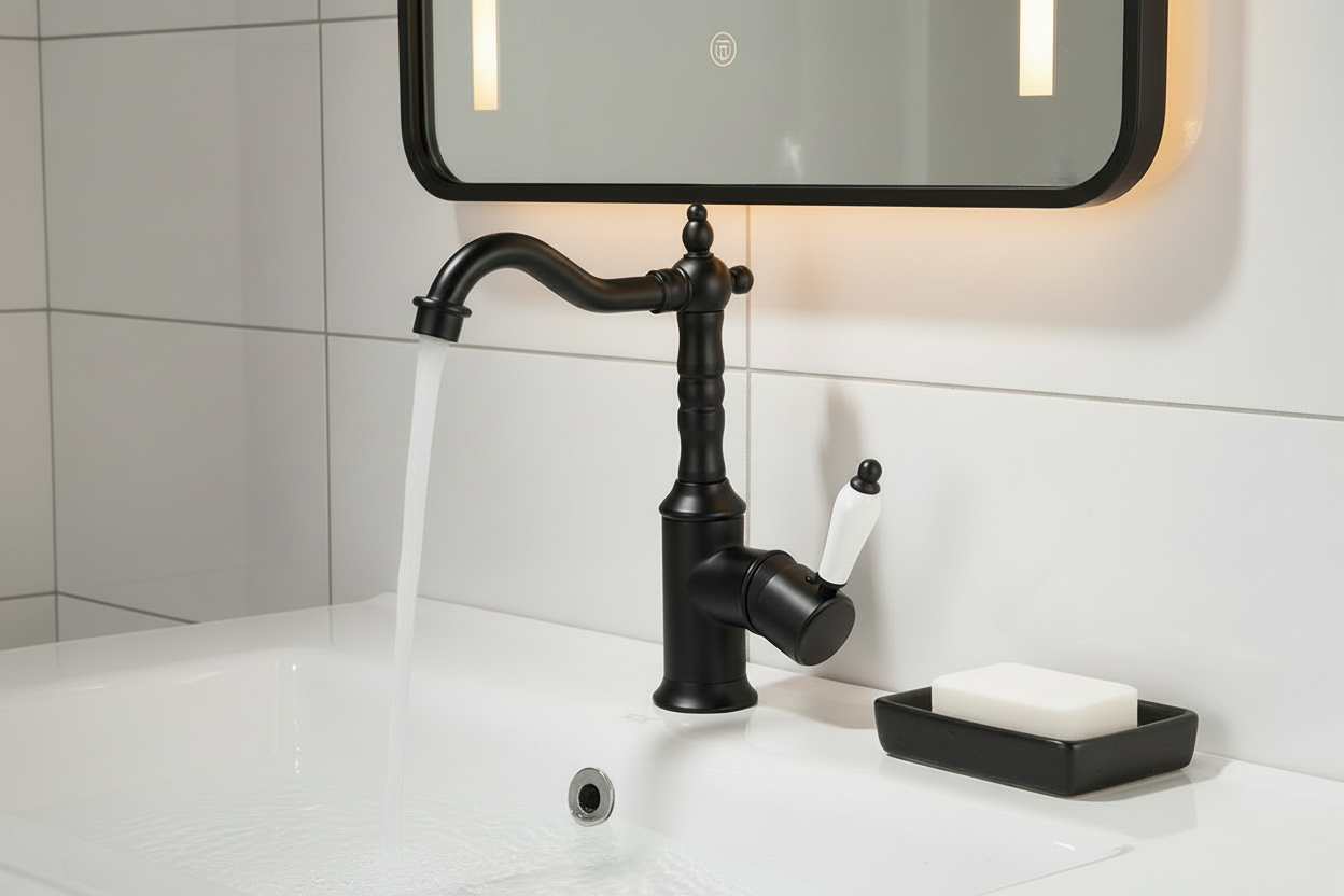 Zwarte wastafelkraan klassiek hoog model met porseleinen greep