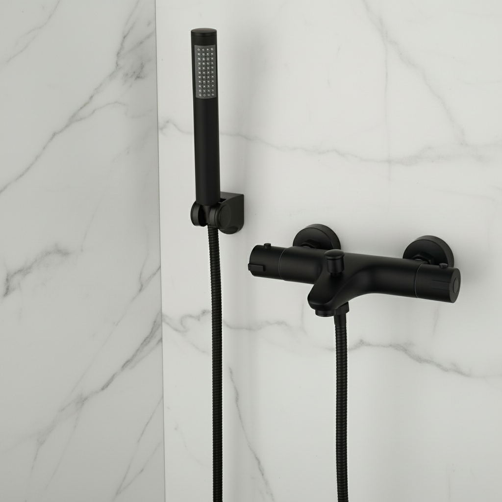 Thermostatische badkraan – mat zwart, complete set met handdouche