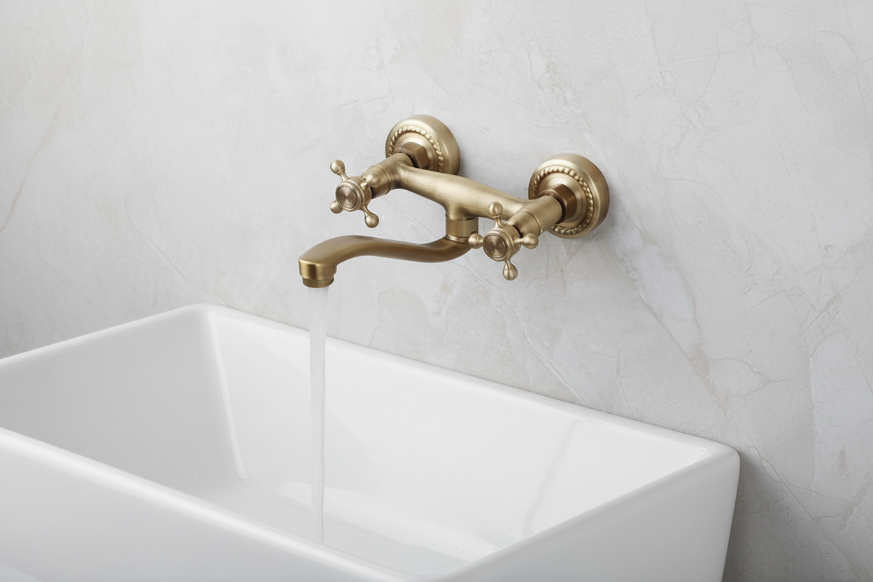 Nostalgischer bronzefarbener Wandhahn mit schwenkbarem Auslauf