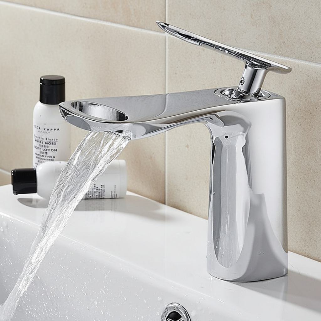 Compacte chroom wastafelmengkraan met waterval-uitloop