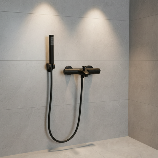 Thermostatische badkraan – mat zwart, complete set met handdouche