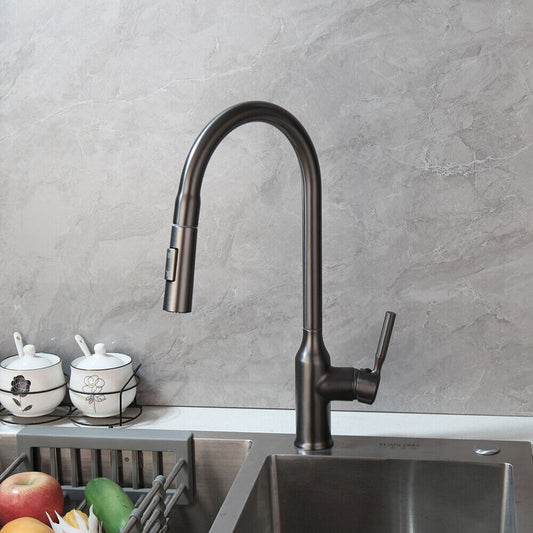 elegante gun metal keukenkraan met uittrekbare sproeikop