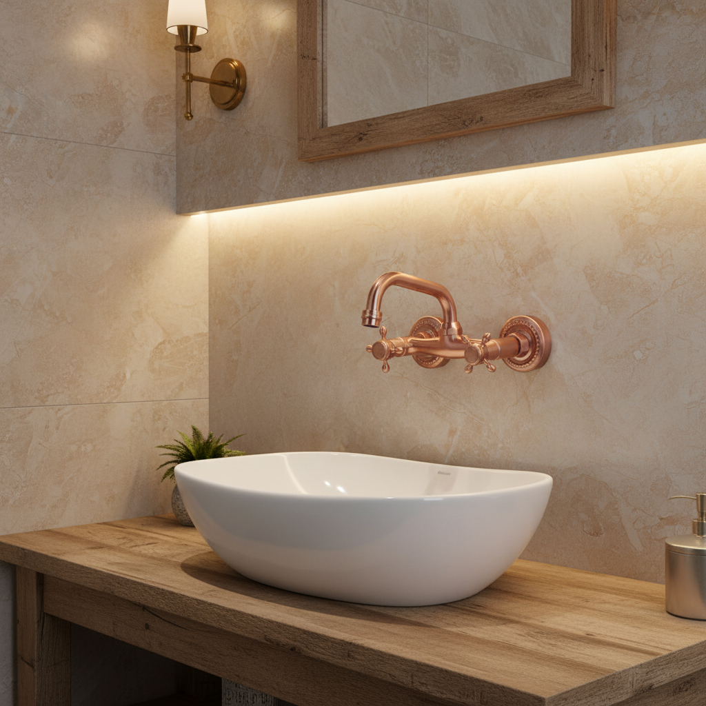 Nostalgic copper-colored washbasin tap mixer with swivel spout
