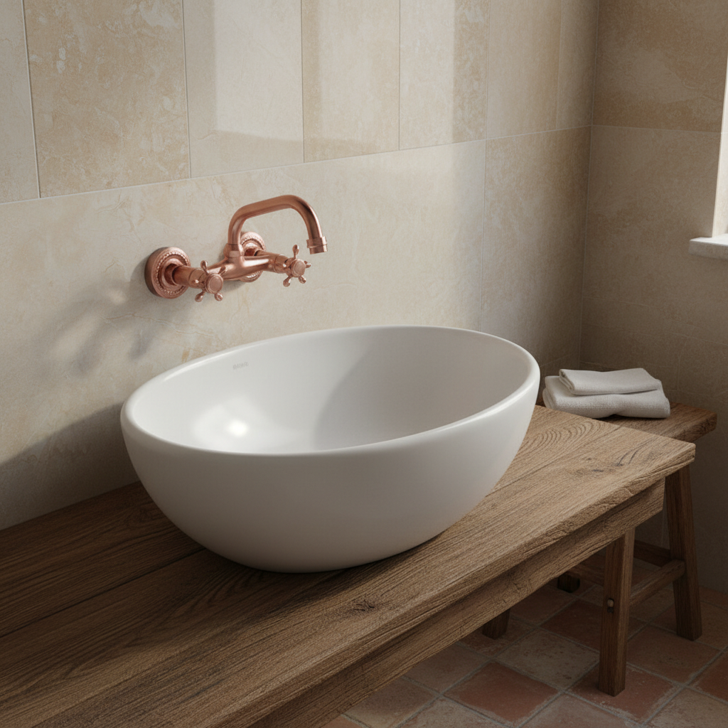 Nostalgic copper-colored washbasin tap mixer with swivel spout