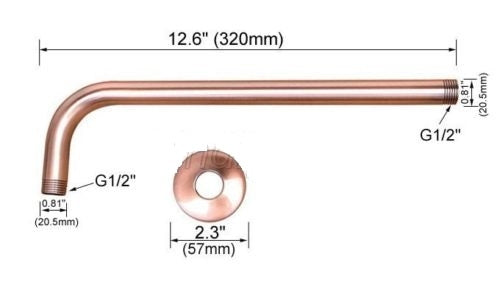 Douchestang / douche-arm 320 MM lang rond design voor muurbevestiging koperen uitvoering