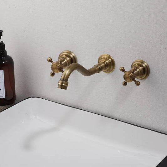 Nostalgische 3-delige Wastafelkraan met Bronsafwerking (Muurbevestiging)