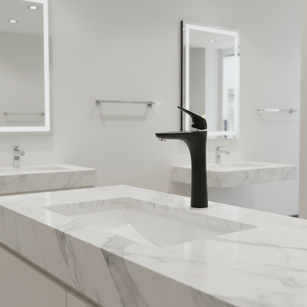 Modern, sleek black washbasin tap with an elegant spout
