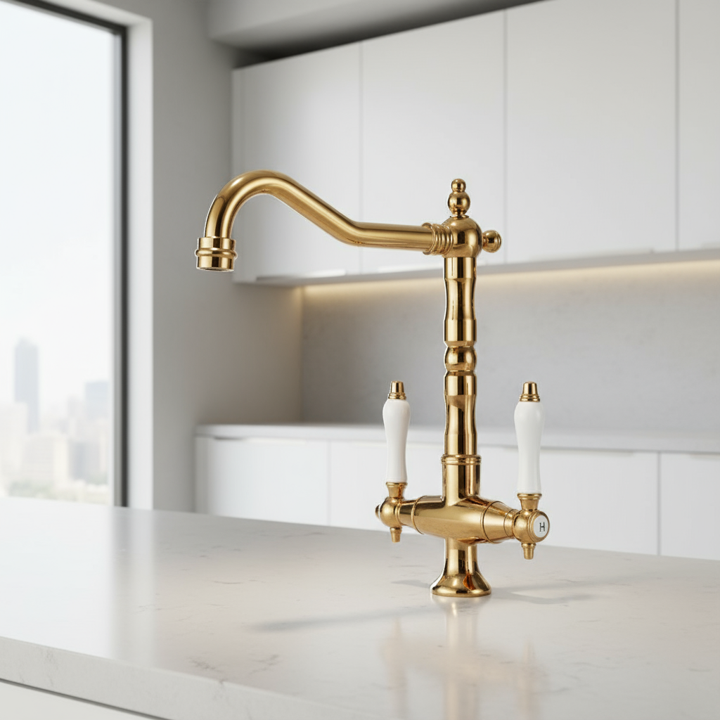 Klassieke keukenkraan – goudkleurig – dubbele hendel