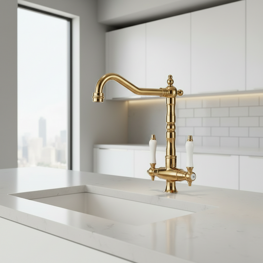 Klassieke keukenkraan – goudkleurig – dubbele hendel