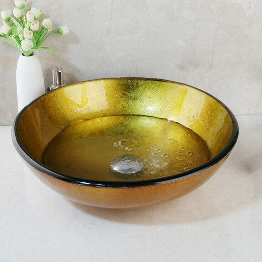 Rundes Waschbecken aus goldenem Glas