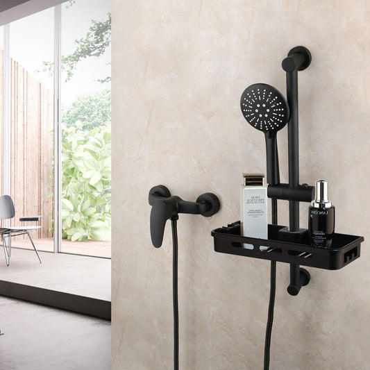 Schwarzer Duschhahn mit Gleitstange und Shampoobehälter